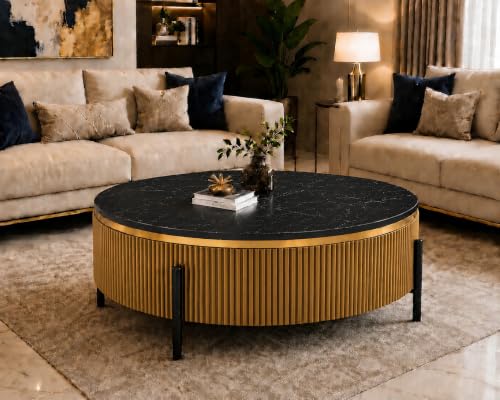 Image of WOODEN SPACE Premium Luxury Nazaara Marble-Top Coffee Table with Iron Legs & PVD Coating | Modern Round Wooden Center Table for Living Room & Entryway