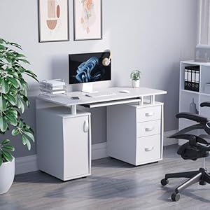 Vida Designs Otley Computer Desk with Shelves and 3 Drawers, Home Office PC/Laptop Gaming Table, Study Workstation with Keyboard Tray, Furniture, White