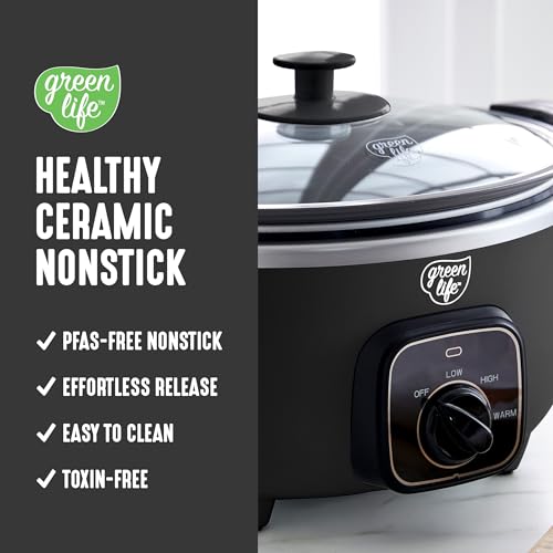 Image of GreenLife 3.5QT Slow Cooker, PFAS-Free Non-Toxic Ceramic Nonstick Removable Interior Bowl, Programmable, Keep Warm, Stovetop & Oven Safe Pot, Dishwasher Safe Crock & Glass Lid, Black