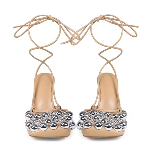 Image of Saint Leia Women's 4IN High Heel Sandals Nude Stiletto Pumps with Gold Silver Pearls Heels for Weddings Parties and Evening Wear