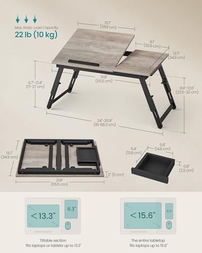 Image of SONGMICS Bed Laptop Desk, Folding Bed Tray, Adjustable Angle and Height | Folding Bed Tray for Laptop up to 15.6 Inches, Portable for Working Reading Writing Breakfast, Drawer, ULLD105W01