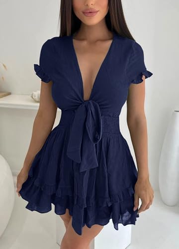 PRETTYGARDEN Women Summer Mini Short Dress 2025 Short Sleeve Casual Beach Vacation Sundress V Neck Tiered Sun Dresses