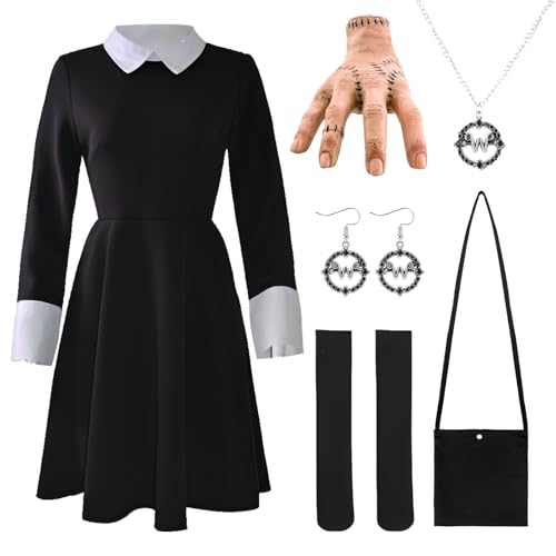 Kitimi AldultS-Kostüm Kleid Damen Halloween Kostüm Set für Addams Family mit Thin-g Hand Kniestrümpfe Schwarz Kleid Fasching Karneval Cosplay Party Faschingskostüm Damen für Karneval Halloween Party