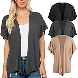 Free to Live 3 Pack Women's Dolman Short Sleeve Cardigan Lightweight Open Front Kimono Dressy Cover Up (XL, Black, Charcoal, Mocha)