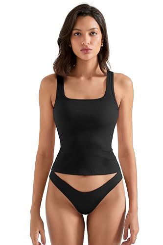 SUUKSESS Women Cotton Ribbed Summer Going Out Tops Padded Sleeveless Trendy Tank Tops Basic Square Crew Neck Top (Black, Medium)