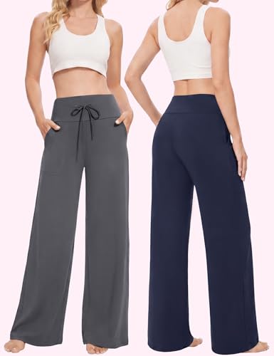 Image of Showitty 1 /3 Pack Women's Wide Leg Pants with Pockets, Casual Loose Pajama Palazzo Trousers Sweatpants for Yoga Lounge