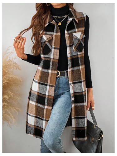GORGLITTER Women's Plaid Vest Fleece Collar Neck Sleeveless Blazer Jacket Outwear3