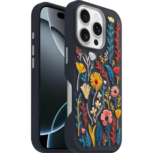Image of OtterBox iPhone 16 Pro Symmetry Series Cactus Leather Embroidery for MagSafe - Enchanted Garden Blue