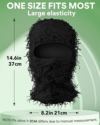 Camiaya Distressed Balaclava Ski Mask Full Face Knitted Balaclava Shiesty Mask Windproof Fuzzy Ski Mask For Winter Black #TOP6