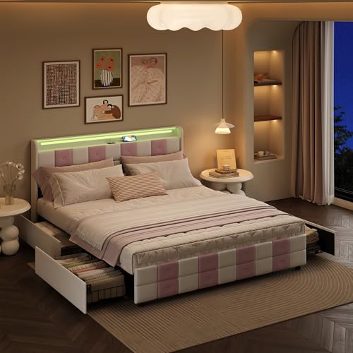 Mutuolux Lit Coffre 160x200 cm Capitonné avec 4 Tiroirs Rangement,Double Adulte Lit avec Sommier à Lattes,Tête de avec Éclairage LED et...