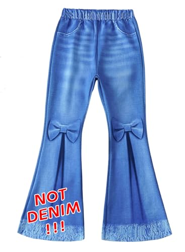 Girl's Imitation Denim Print Flare Pants - 3D Bowknot Raw Hem Jeans Graphic Leggings Bell Bottom Outfits