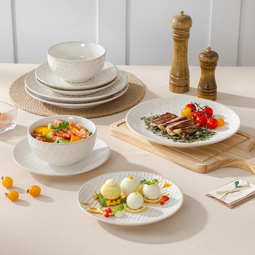 Image of MALACASA 12 Pieces Dinnerware Sets, Farmhouse Plates and Bowls Sets, Embossed White Dish Set for 4, Vintage Relief Ceramic Dish Set, Chip-Resistant, Microwave and Dishwasher Safe, Series LYDIA