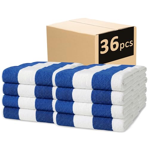 Kaufman - Large Beach Towel | 30 x 60 Terry Cabana Striped Beach Towels | Absorbent Quick-Drying | 100% Cotton Thick Beach Towels (Blue/White 36-PK)