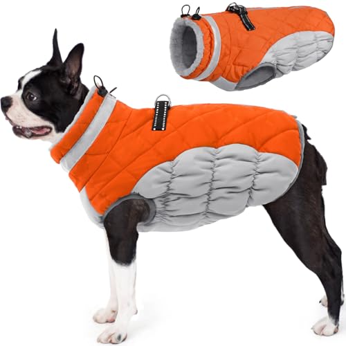 Image of AOFITEE Dog Coat, Warm Dog Jacket, Reflective Winter Coats for Medium Dogs, Turtleneck Dogs Winter Jacket with Harness Built in, Waterproof Windproof Pet Fleece Vest Puffer Jacket, Orange M