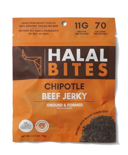 Halal Bites Chipotle Beef Jerky, Organic Grass-Fed Beef, Naturall...