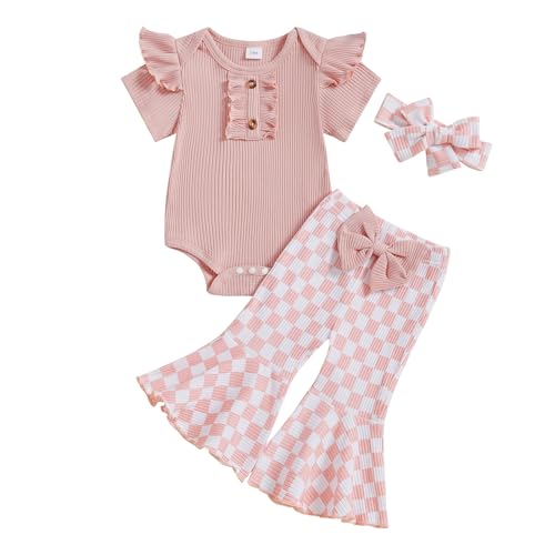 Image of Newborn Baby Girl Clothes Infant Rib Frill Long Sleeve Romper Floral Flared Pants Headband 3pcs Fall Winter Outfits (Checkerboard Pink, 3-6 Months)