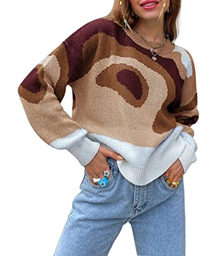 Image of MISSACTIVER Women Casual Knitted Mock Neck Sweater Print Colorblock Long Sleeve Loose Fit Pullover Knitwear