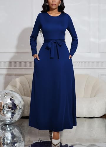 Image of BubFee Long Dress for Women Casual Long Sleeve Dresses Maxi Dress Empire Waist Loose with Belt