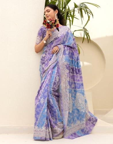 Image of SIRIL Women's Cotton Printed Weaving Saree With Unstitched Blouse Piece