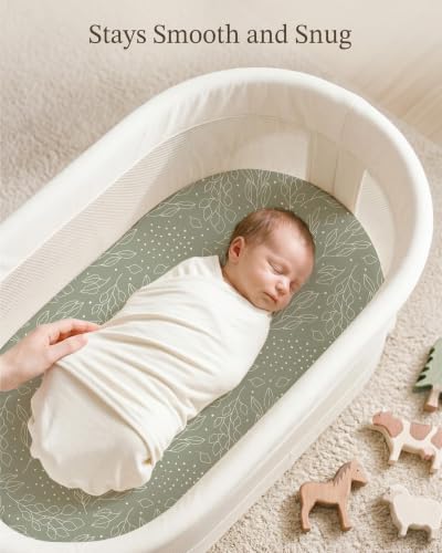 Image of Bassinet Sheets for Baby Girls Boys 3 Pack, Fitted Baby Mattress Sheet for Rectangle, Oval, Hourglass Bassinet Mattress, Breathable Cozy & Universal Fit (Sage Trail, Bassinet Sheet)