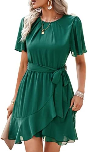 Yinos Women's Short Sleeve Dress Summer Casual Waist Tie Ruffle Mini Cocktail Party Wedding Guest Dress D-Green