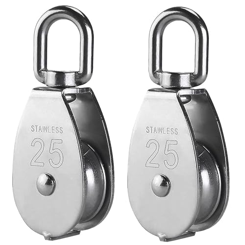 2Pcs M25 Single Pulley Block 304 Stainless Steel Swivel Cable Pulleys for Lifting/Hanging, Heavy Duty Rope Single Wheel Kit, Max-Load 150kg/330lbs