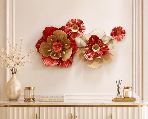 Image of ZOVE Radiant Rooms Metal Flower Wall Art for Living Room | Modern 3D Floral Wall Decor | Premium Iron Wall Hanging for Bedroom, Dining Room, Hallway & Office | 40 x 21Inch | Red & Gold