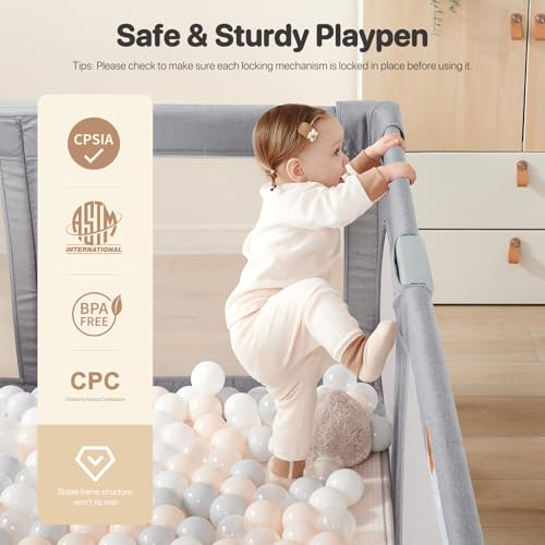 Image of Foldable Baby Playpen,Portable Indoor & Outdoor Playpen for Babies and Toddlers,59 inchx59 inchExtra Large Play Pen with Gate,Collapsible Baby Fence with Travel Bag(Cationic Light Grey)