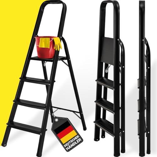𝐂𝐑𝐀𝐅𝐓𝐅𝐔𝐋𝐋 Trittleiter CF-133A | 𝟑 𝐉𝐀𝐇𝐑𝐄 𝐆𝐀𝐑𝐀𝐍𝐓𝐈𝐄 - 2-6 Stufen Leiter - Klapptritt - Treppenleiter - Klappleiter - Haushaltsleiter - Stehleiter (4 Stufen Black Edition)