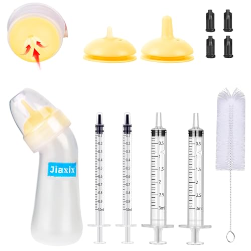 Jiaxix Pet Nursing Bottle Kit for Newborn Animals,Kitten Bottle Feeding Kit Silicone Anti-Choking Nipple and Kitten Syringe for Kittens Puppys Rabbits Squirrel (Yellow)