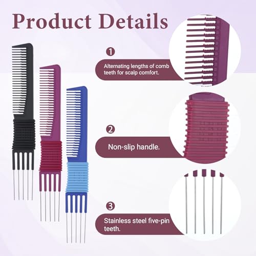 Set de 3 Peines para Peinar con Punta Metálica Azul Negro Morado miniatura 2