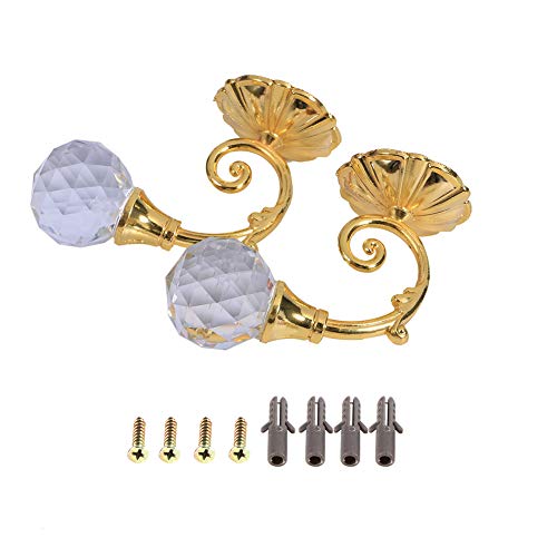 Fictor Crochet de Rideau de Boule de Cristal, 2X Crochets de retenue de Rideau en Verre de Cristal en métal(d'or) Cover