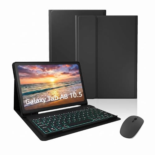 Keyboard Case for Samsung Galaxy Tab A8 10.5-inch 2022 (SM-X200 SM-X205)Galaxy Tab A8 Case with 7-Color Backlit Detachable Wireless Bluetooth Keyboard Case Built-in Pencil Holder with Mouse.(Black)