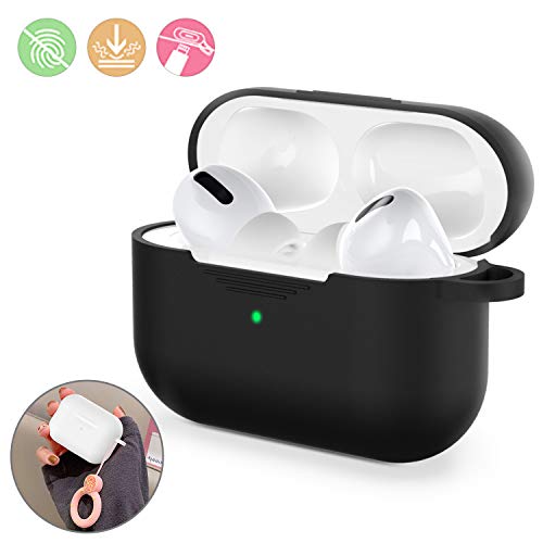 Bonslan Funda de Silicona para Airpods Pro 2019, LED Frontal Visible, Resistente a Golpes y Arañazos, Estuche de Silicona Cover Case, Funda Protectora Airpods Pro (Negro)