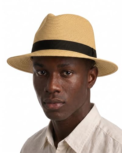 Zylioo Sombrero Panamá de paja XXL XL para cabezas grandes, sombrero de verano UV M S con correa para la barbilla, caja de regalo para viajes en la playa y al aire libre, Fedora-caqui-a, XL/XXL