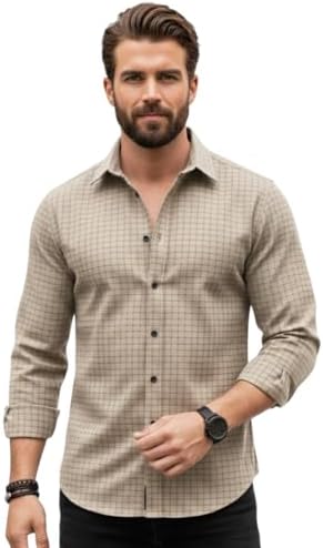 Amazon Brand - INKAST Men's Regular Fit Checks Pattern Polyester Blend Shirt with Collared Neck Long Sleeve and Standard Length | Shirt for Man