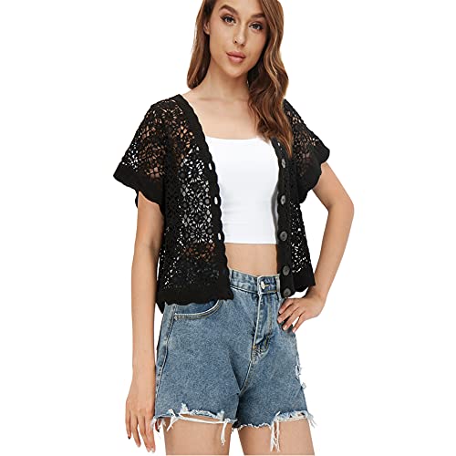 Image of Women Cardigan Hollow Out Floral Cardigans White Crochet Shrugs
