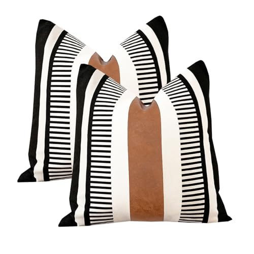 Vfuty 2 Pack 22x22 Pillow Covers - Brown Faux Leather & Black and White Striped Canvas Splicing, Same Pattern Both Sides | for Sofa Couch Bed Living Room, Farmhouse Industrial Minimalist Decor