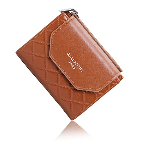 Gallantry - Portefeuille Femme Petit Format Matelassé Souple- Porte-Monnaie Carte Tout-en-Un Bi-pli - Similicuir Carreaux Fermeture Éclaire Magnétique - Chic Léger - Marron