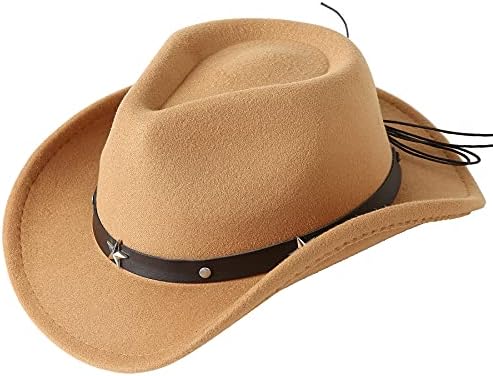 Jastore Kids Girls Boys Western Cowboy Cowgirl Hat with Buckle Belt Felt Fedora Hat (Camel, 4-12 Years)