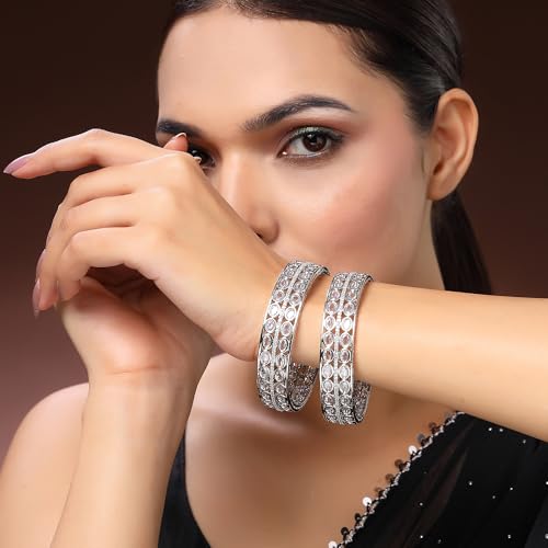 Image of ZENEME Rhodium Plated Silver Toned Oval Shaped White American Diamond Studded Bangles Set Of 2 For Women & Girls