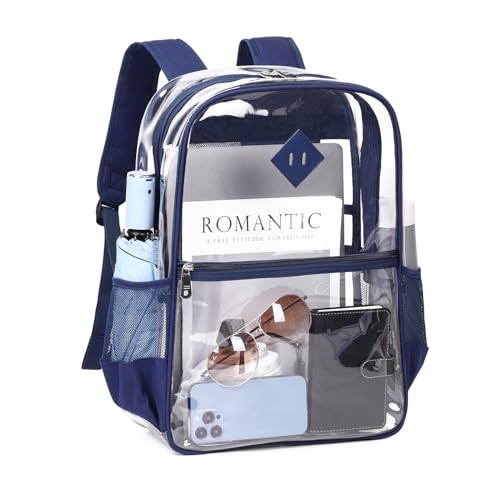Image of MUSEVOS Clear Backpack, Heavy Duty See Through Book Bag for Work, Security, Concerts, College Transparent PVC bookback Stadium Approved, Navy Blue