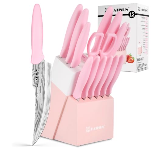 Knife Set - 15 PCS Kitchen Knife Set with Built-in Sharpener Block, German Precision Forged Stainless Steel Blades, Ergonomic Handles, Dishwasher Safe, Pink - image 1