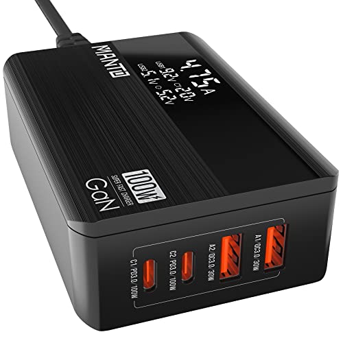 MANTO 100W GaN USB C Ladegerät mit LED Anzeige, 4-Port Schnellladegerät mit 2 Typ-C & 2 Typ-A, PD 3.0 & QC 3.0, Kompakt für MacBook, iPhone, iPad, Samsung, Laptop..y