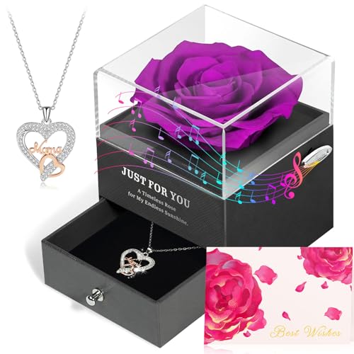 ADDWel Regalo Día de la Madre Regalos Originales para Mamá - Regalo para Madre, Idea para Cumpleaños Aniversario Navidad o Reyes, Rosa Eterna Natural Preservada con Collar Mama en Caja de Música