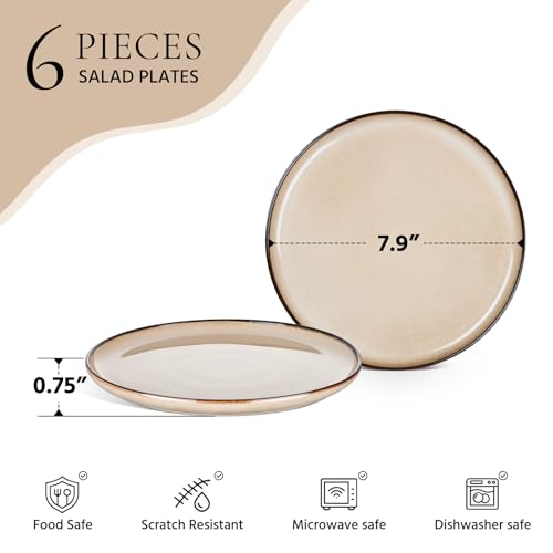 Image of E-far 8 inch Ceramic Salad Plates Set of 6, Reactive Glaze Stoneware Dishes, Round Dessert Plate for Home Kitchen Restaurant, Microwave & Dishwasher Safe - Sandy Beige