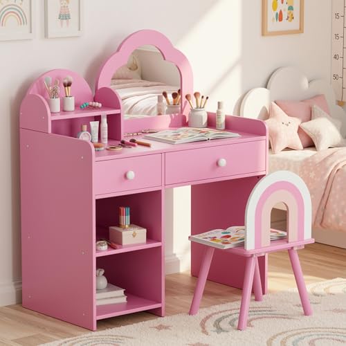 Clevich Coiffeuse pour Enfant 2 en 1 avec Miroir, 2 Tiroirs, Casiers, Bureau pour Enfants Fille avec Tabouret, Coiffeuse Princesse pour 3 à 8 Ans, 74 x 40 x...