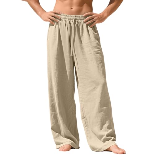 FQZWONG Mens Linen Pants Summer Casual Yoga Beach Elastic Waist Drawstring Pant Lightweight Loose Baggy Trousers with Pocket