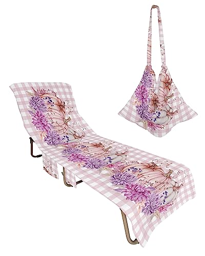 Pink Pumpkin Beach Chair Towel Covers for Chaise Lounge with Side Pocket, Soft Plush Pool Towels Cover for Patio Sunbathing Outdoor 29''x85'' Light Purple Thanksgiving Flower Fall Plaid
