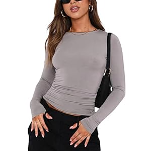 Frauen Fitted Basic Shirt Casual Y2K Langarm Tops Crewneck Slim Fit Tshirts (Hellgrau-3a,S)